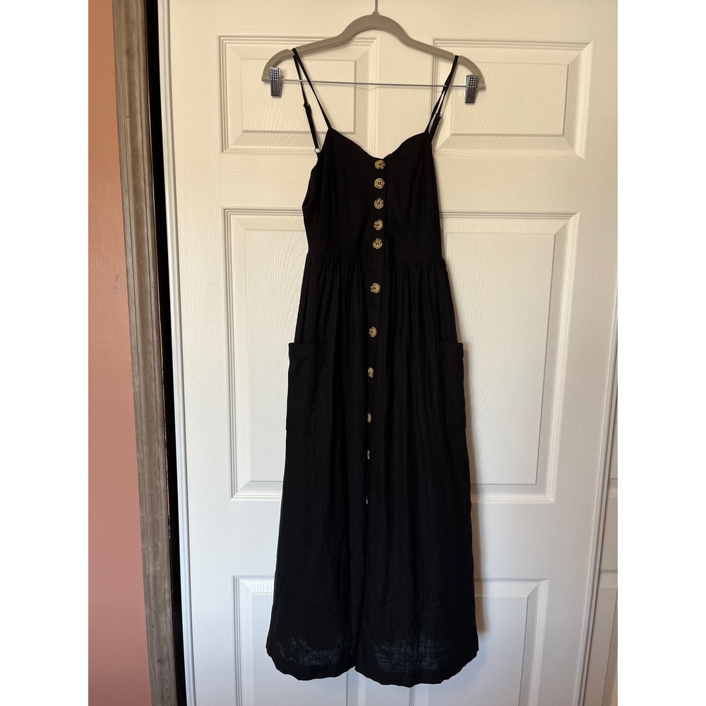 Buffalo David Bitton Black Linen Blend Button Front Midi Dress Pockets Small